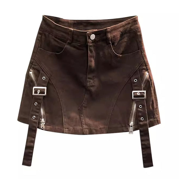 Brown Denim Buckle Skirt - Vedlit