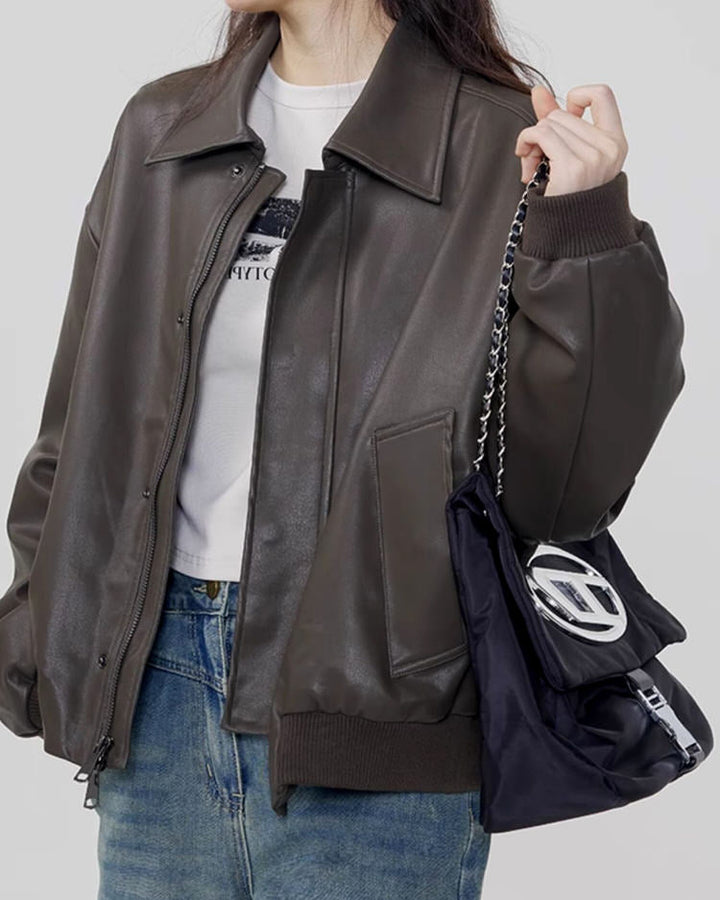 Grunge Sleaze Leather Bomber Jacket - Vedlit