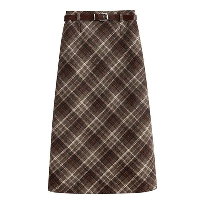 Coffee Cream Plaid Midi Skirt - Vedlit