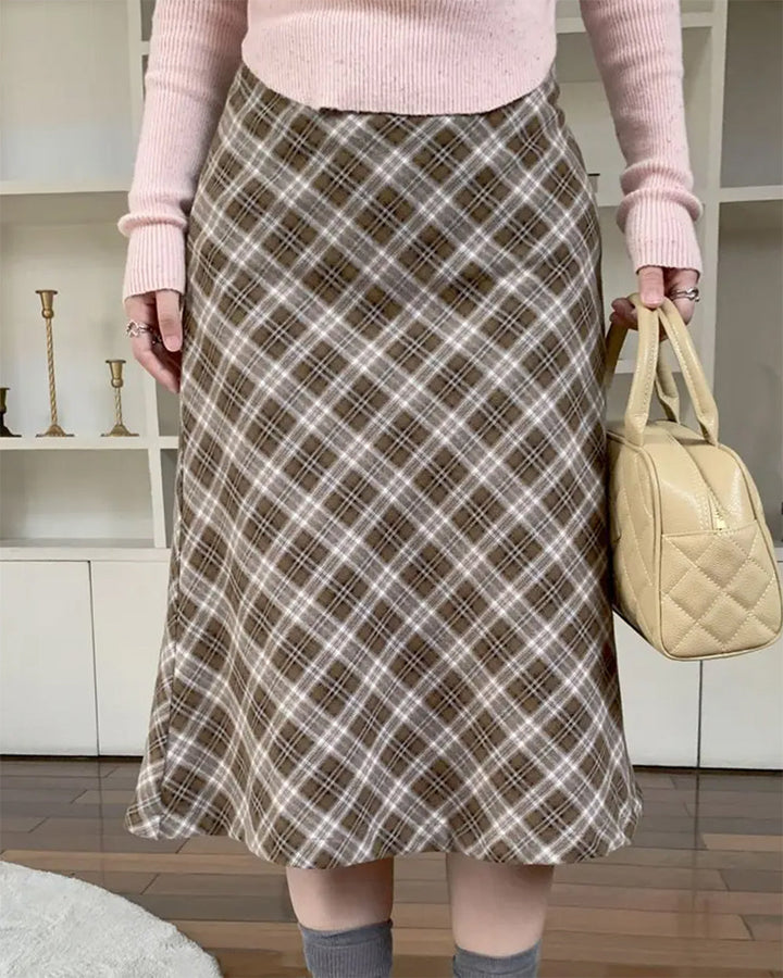 Worry Less Brown Plaid Midi Skirt - Vedlit
