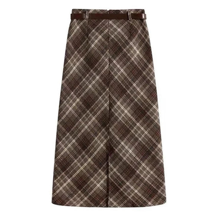 Coffee Cream Plaid Midi Skirt - Vedlit