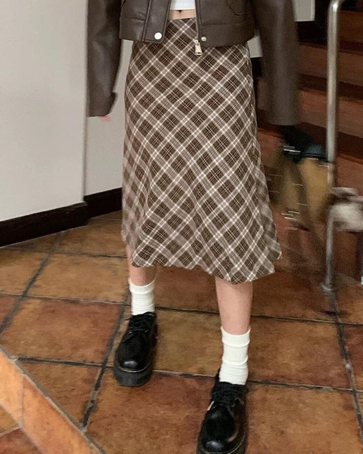 Worry Less Brown Plaid Midi Skirt - Vedlit
