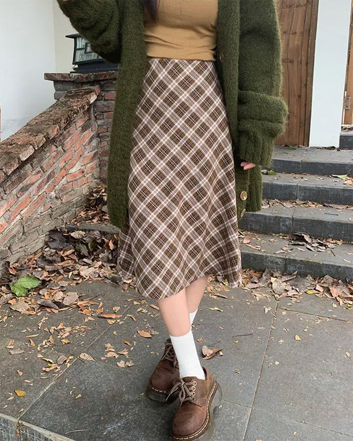 Worry Less Brown Plaid Midi Skirt - Vedlit