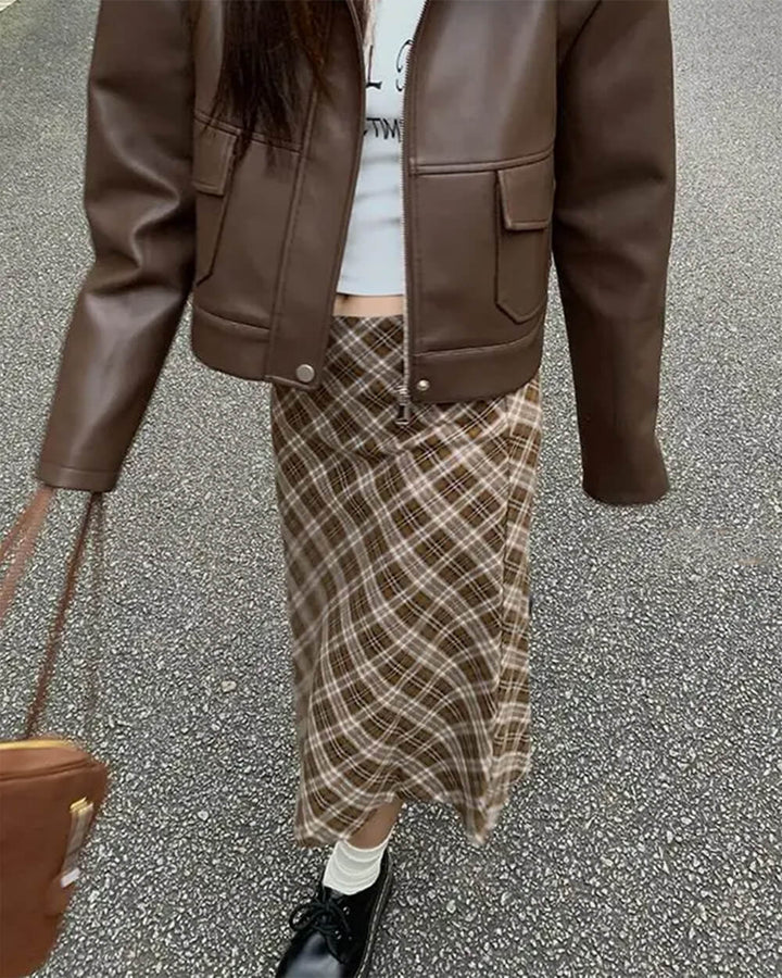 Worry Less Brown Plaid Midi Skirt - Vedlit