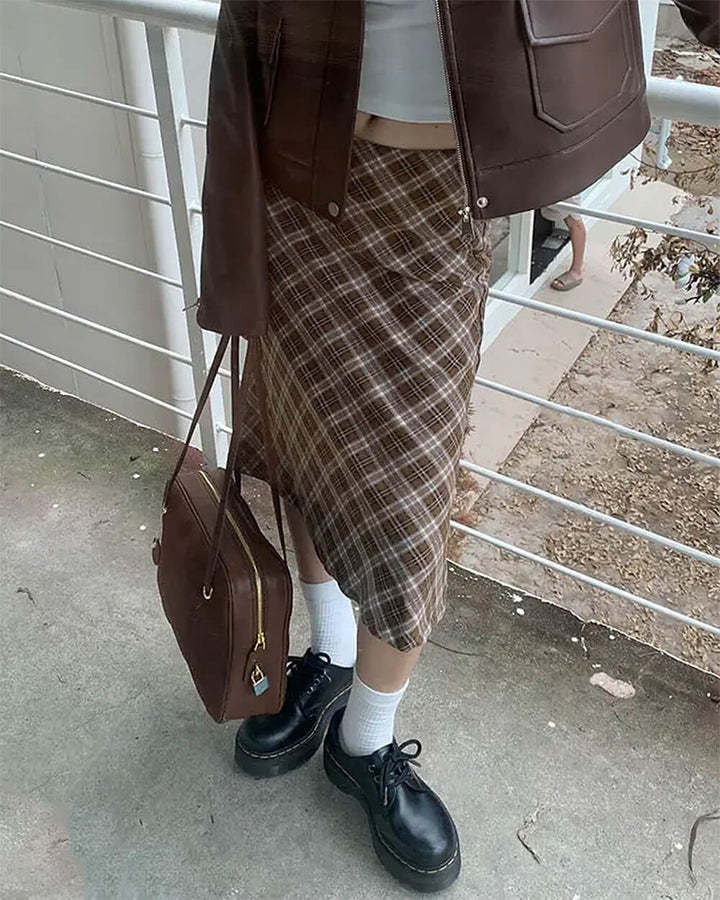 Worry Less Brown Plaid Midi Skirt - Vedlit