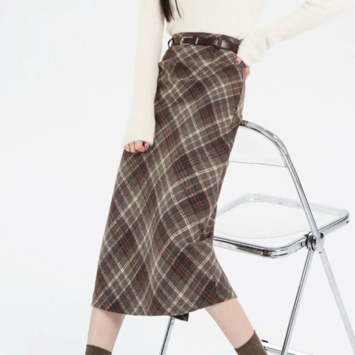 Coffee Cream Plaid Midi Skirt - Vedlit