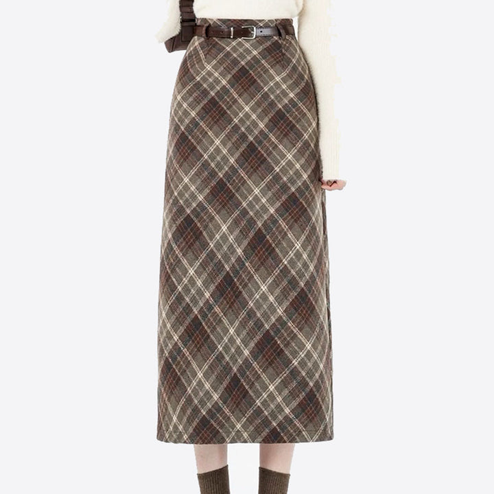 Coffee Cream Plaid Midi Skirt - Vedlit