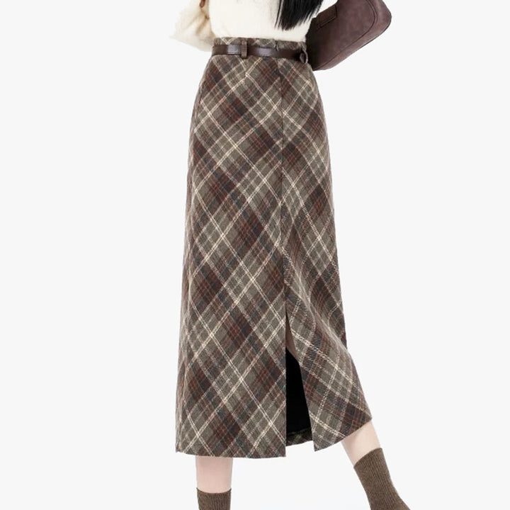 Coffee Cream Plaid Midi Skirt - Vedlit