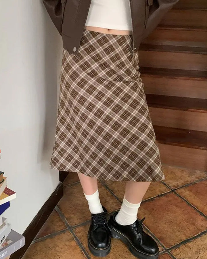 Worry Less Brown Plaid Midi Skirt - Vedlit