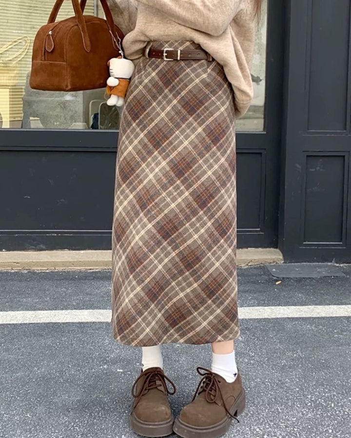 Coffee Cream Plaid Midi Skirt - Vedlit