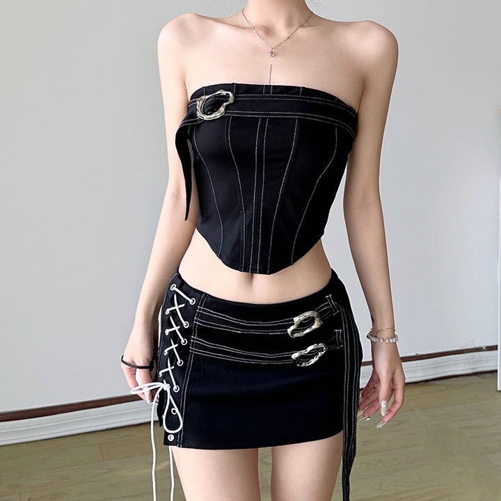 Buckled Lace-Up Tube Top & Mini Skirt 2-Piece Set - Black - Vedlit