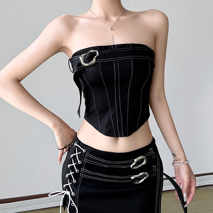 Buckled Lace-Up Tube Top & Mini Skirt 2-Piece Set - Black - Vedlit