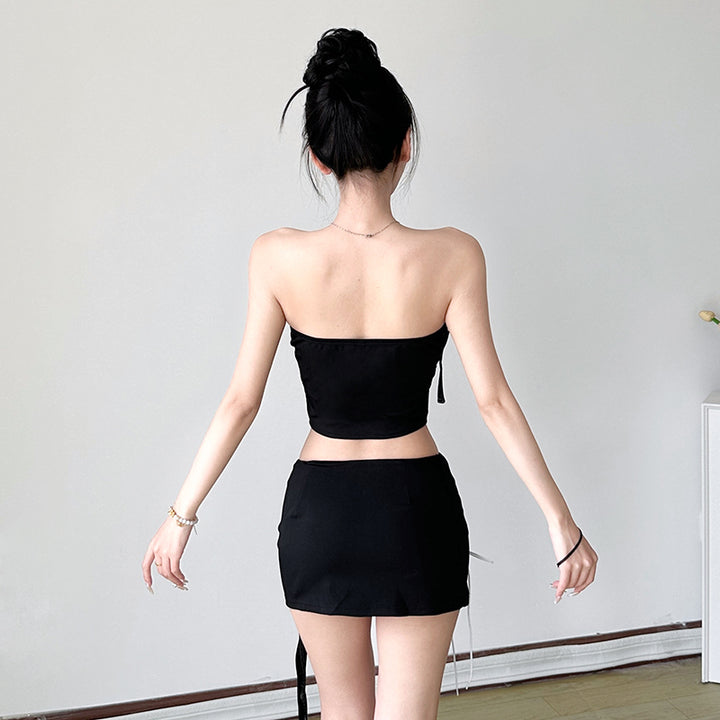 Buckled Lace-Up Tube Top & Mini Skirt 2-Piece Set - Black - Vedlit