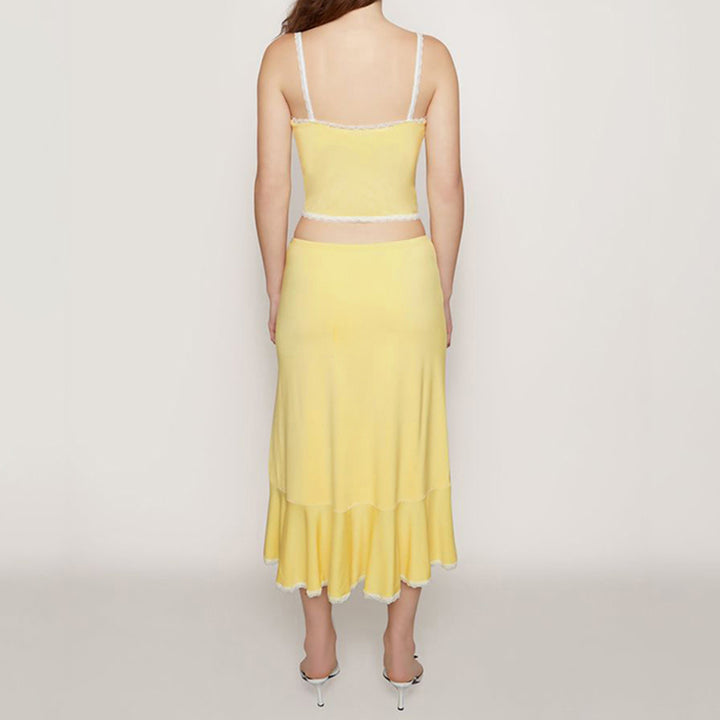 Butter Yellow Lace Trim Cami & Ruffle Hem Skirt Set - Vedlit