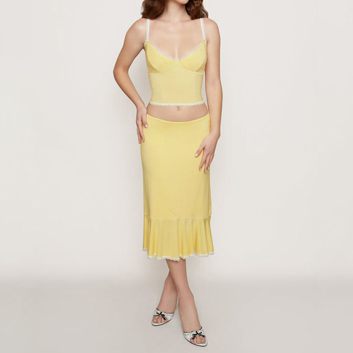 Butter Yellow Lace Trim Cami & Ruffle Hem Skirt Set - Vedlit