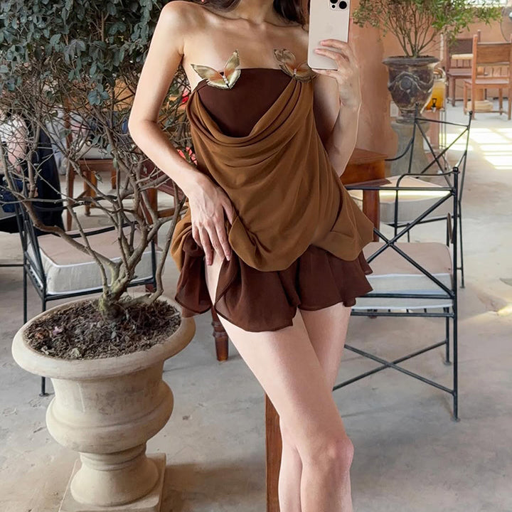 Butterfly Accent Brown Two-Piece Drape Set for Women - Vedlit
