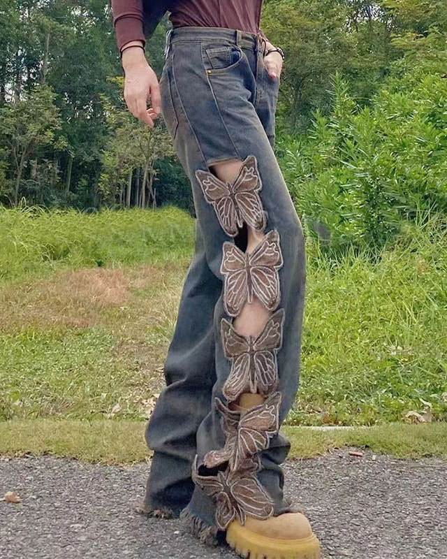 Grunge Aesthetic Butterfly Cut Out Jeans - Vedlit