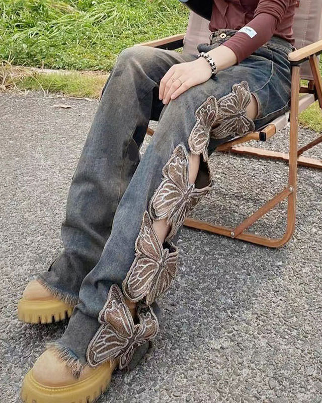 Grunge Aesthetic Butterfly Cut Out Jeans - Vedlit