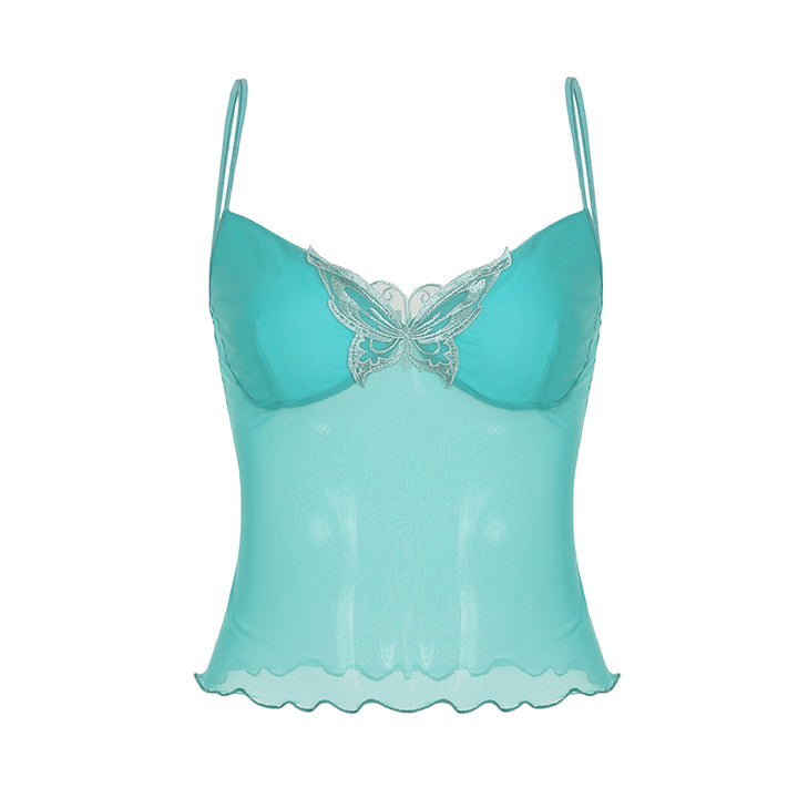 Butterfly Embroidered Sheer Mesh Cami Top - Blue - Vedlit