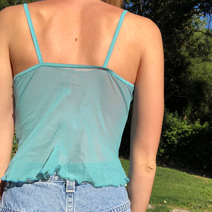 Butterfly Embroidered Sheer Mesh Cami Top - Blue - Vedlit