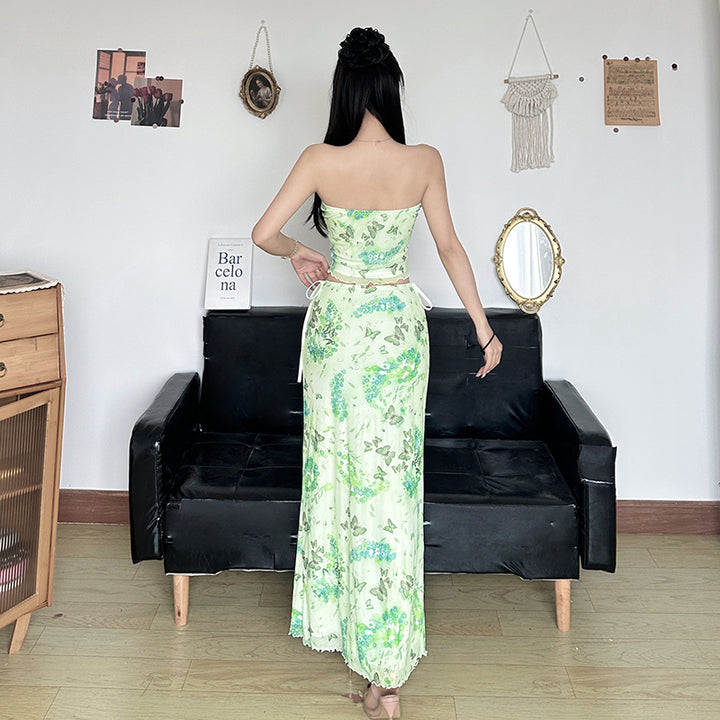 Butterfly Floral Strapless 2-Piece Mesh Maxi Set - Vedlit