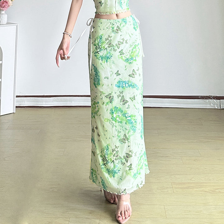 Butterfly Floral Strapless 2-Piece Mesh Maxi Set - Vedlit