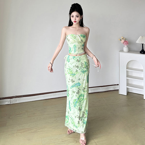 Butterfly Floral Strapless 2-Piece Mesh Maxi Set - Vedlit