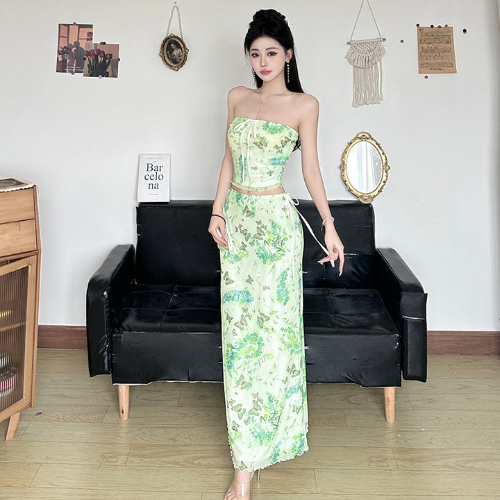 Butterfly Floral Strapless 2-Piece Mesh Maxi Set - Vedlit