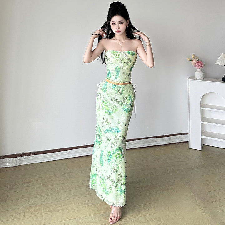 Butterfly Floral Strapless 2-Piece Mesh Maxi Set - Vedlit