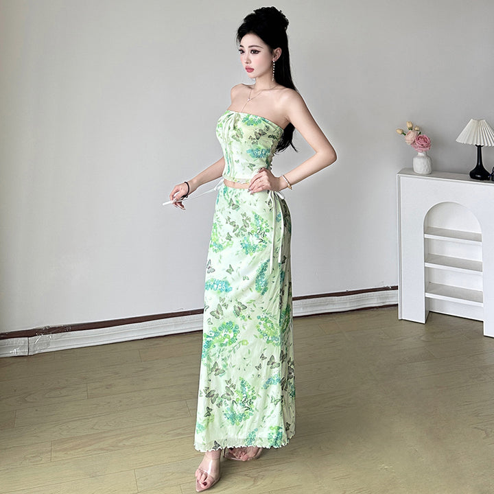 Butterfly Floral Strapless 2-Piece Mesh Maxi Set - Vedlit