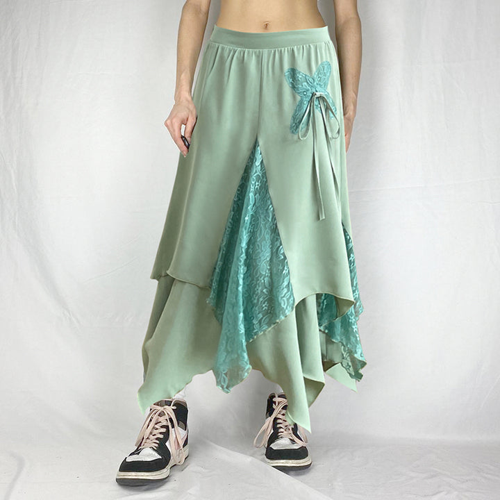 Butterfly Lace Layered Asymmetrical Skirt in Mint Green - Vedlit