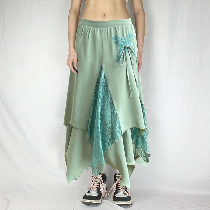 Butterfly Lace Layered Asymmetrical Skirt in Mint Green - Vedlit