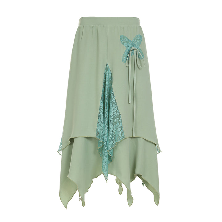 Butterfly Lace Layered Asymmetrical Skirt in Mint Green - Vedlit