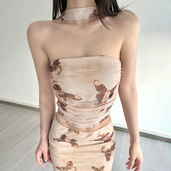 Butterfly Print Mesh Two-Piece Crop Top & Mini Skirt Set - Vedlit