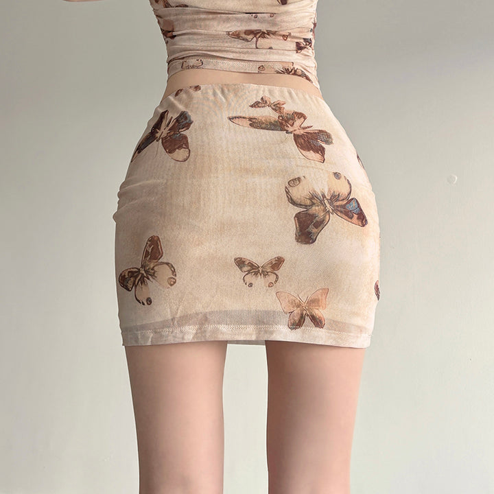 Butterfly Print Mesh Two-Piece Crop Top & Mini Skirt Set - Vedlit