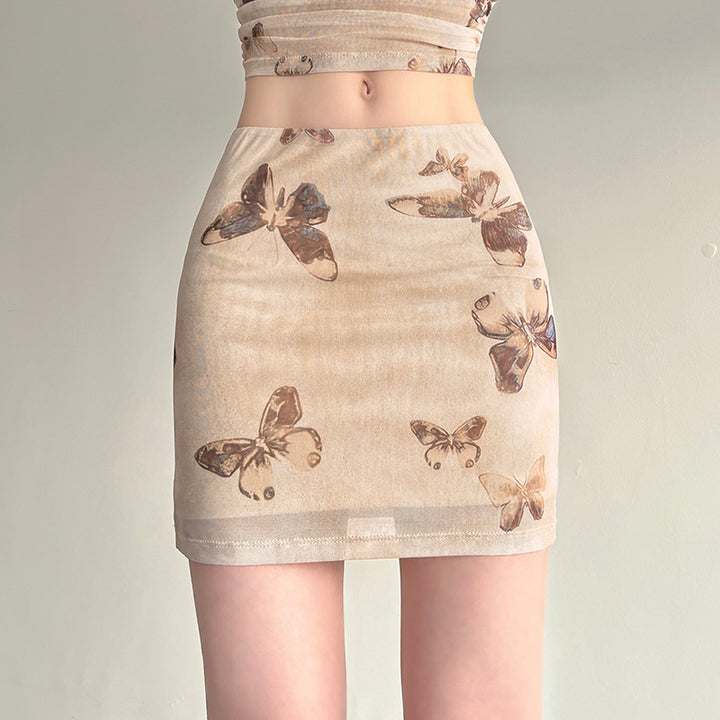 Butterfly Print Mesh Two-Piece Crop Top & Mini Skirt Set - Vedlit