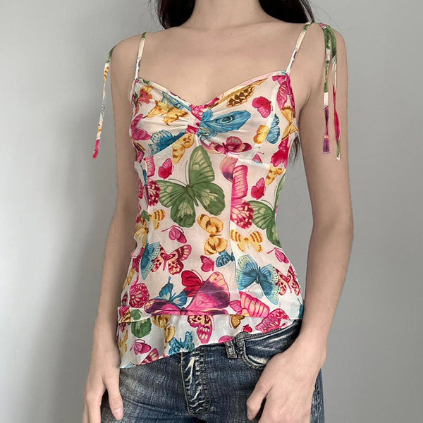 Butterfly Print Sheer Mesh Cami Top with Tie Straps - Vedlit