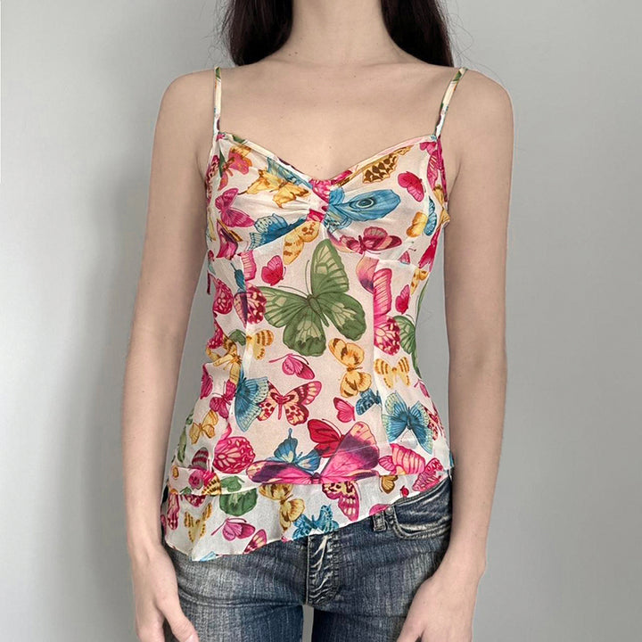 Butterfly Print Sheer Mesh Cami Top with Tie Straps - Vedlit