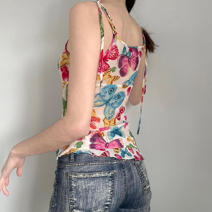 Butterfly Print Sheer Mesh Cami Top with Tie Straps - Vedlit