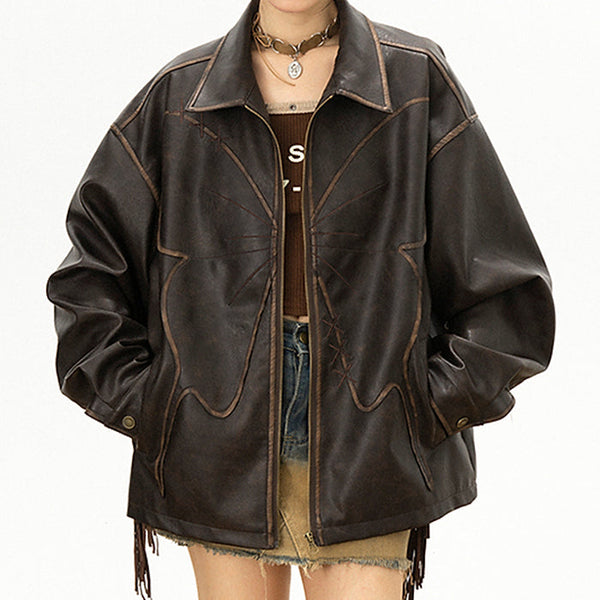 Butterfly Distressed Leather Jacket - Vedlit