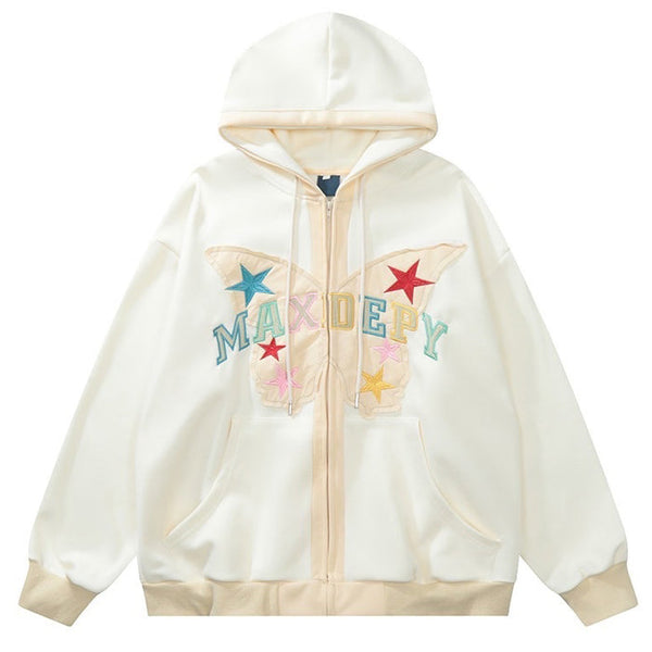 Butterfly Embroidery Zip Up Hoodie - Vedlit
