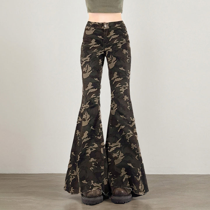 Camo Print Flared Bell Bottom Pants for Women Y2K Style - Vedlit