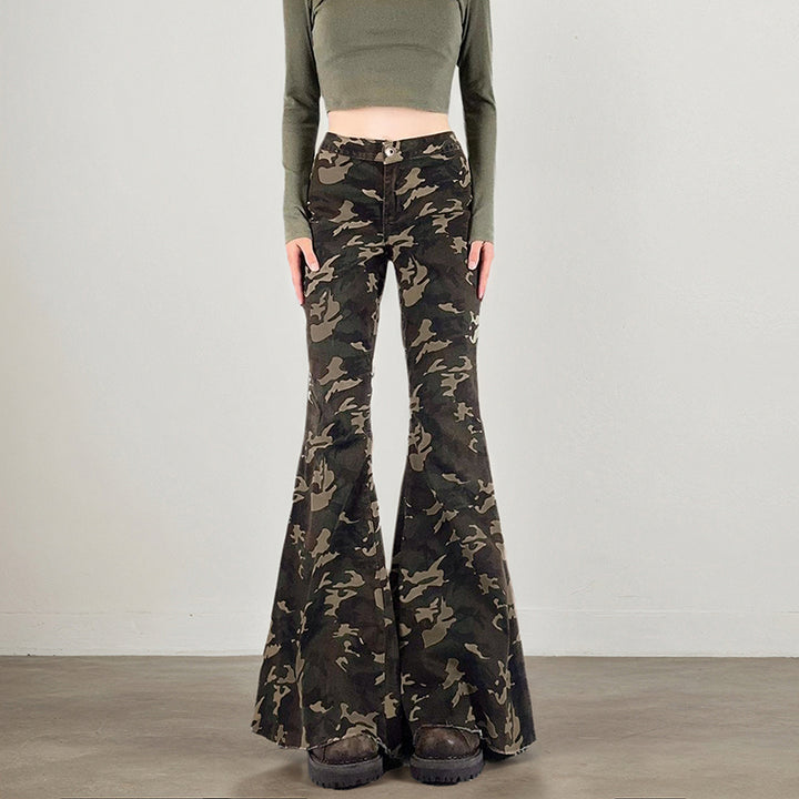 Camo Print Flared Bell Bottom Pants for Women Y2K Style - Vedlit