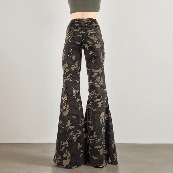Camo Print Flared Bell Bottom Pants for Women Y2K Style - Vedlit