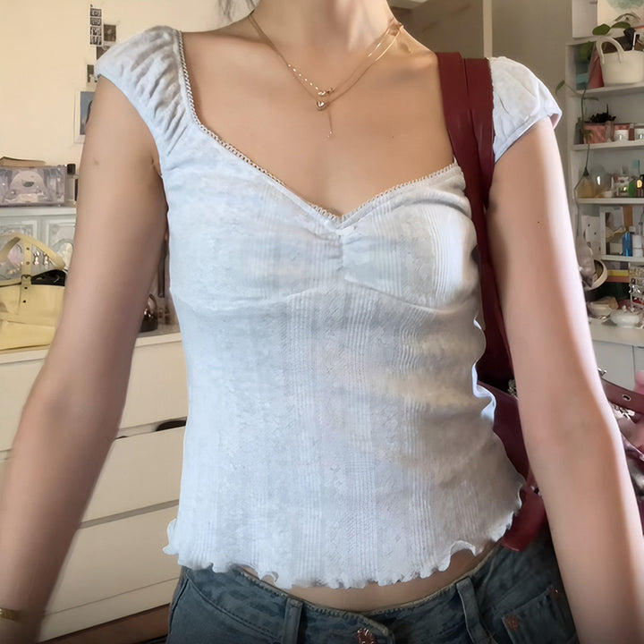 Cap Sleeve V-Neck Lace Trim Crop Top – Soft White Aesthetic - Vedlit