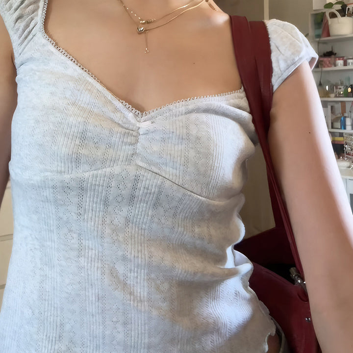 Cap Sleeve V-Neck Lace Trim Crop Top – Soft White Aesthetic - Vedlit