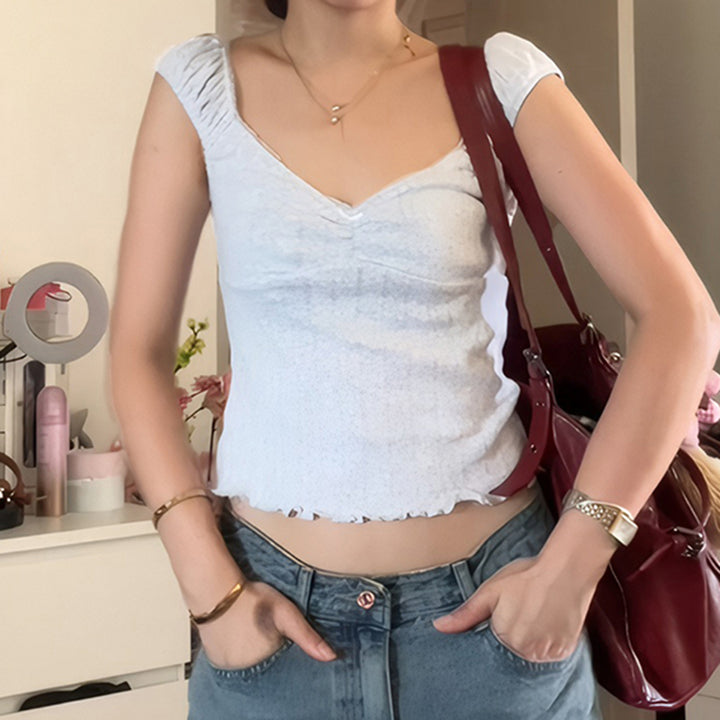 Cap Sleeve V-Neck Lace Trim Crop Top – Soft White Aesthetic - Vedlit