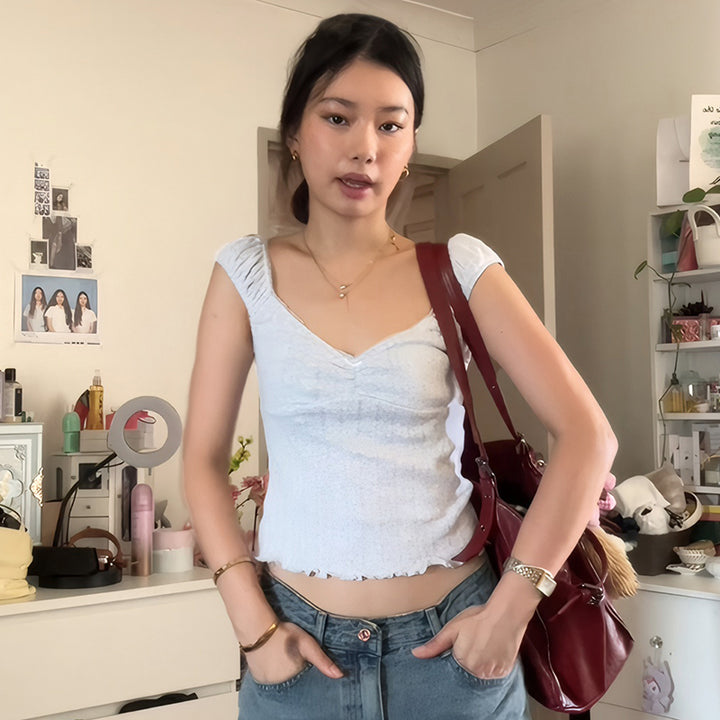 Cap Sleeve V-Neck Lace Trim Crop Top – Soft White Aesthetic - Vedlit