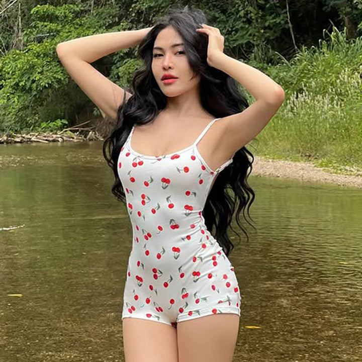 Cherry Print Backless One Piece Romper Swimsuit - Vedlit