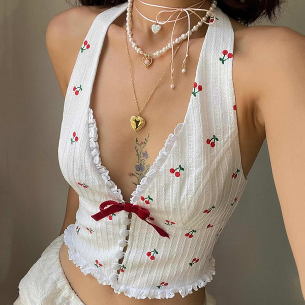 French Summer Cherry Halter Top - Vedlit